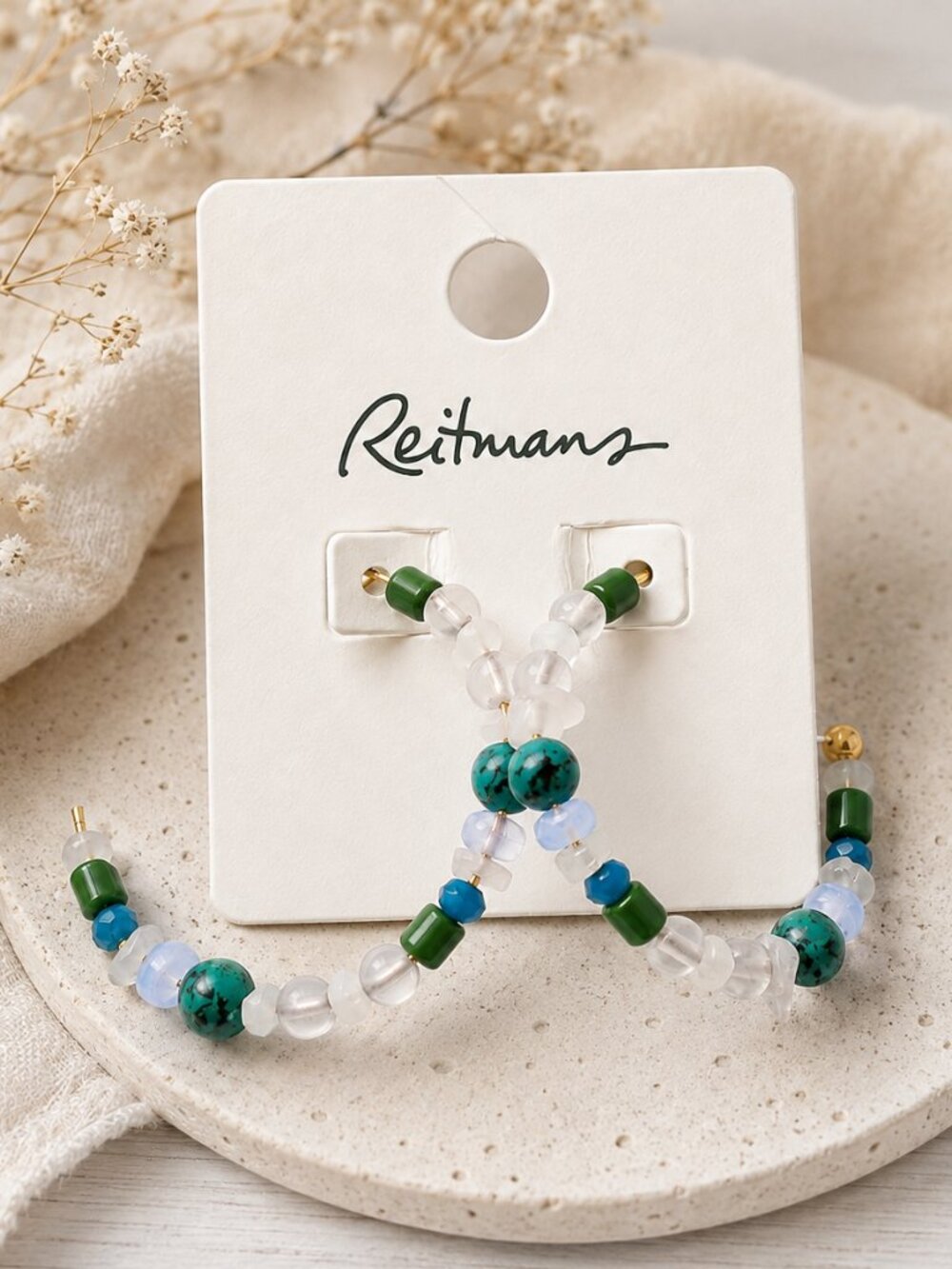 Reitmans Blue Green Beaded Hoop Earrings NWT